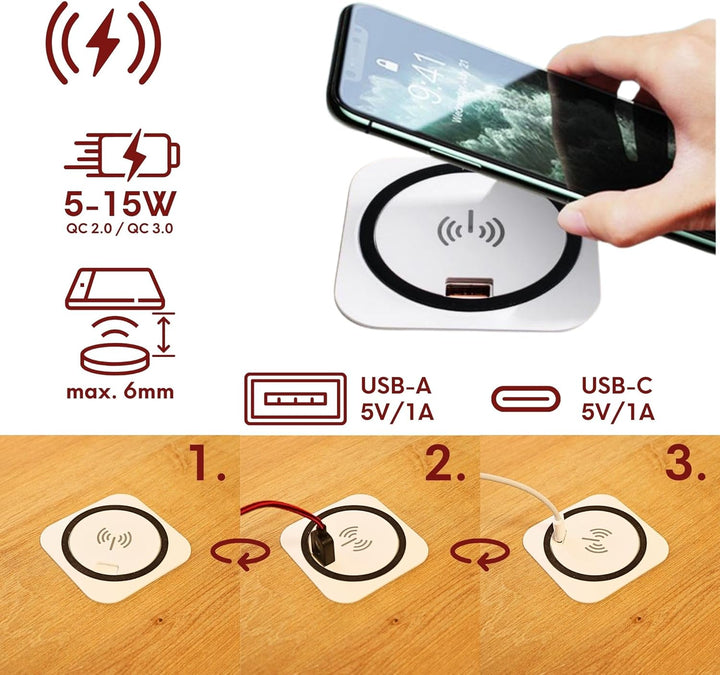 kalb | QI Einbau Schnellladegerät 15W weiss 7,5cm Ø - Smart Wireless USB Charger, USB-Port, USB-C Po