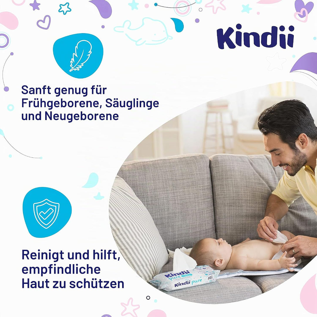 Kindii Feuchttücher Pure Water 99% – (12x60 Stück) Feuchttücher für Babys und Kinder – unparfümiert,