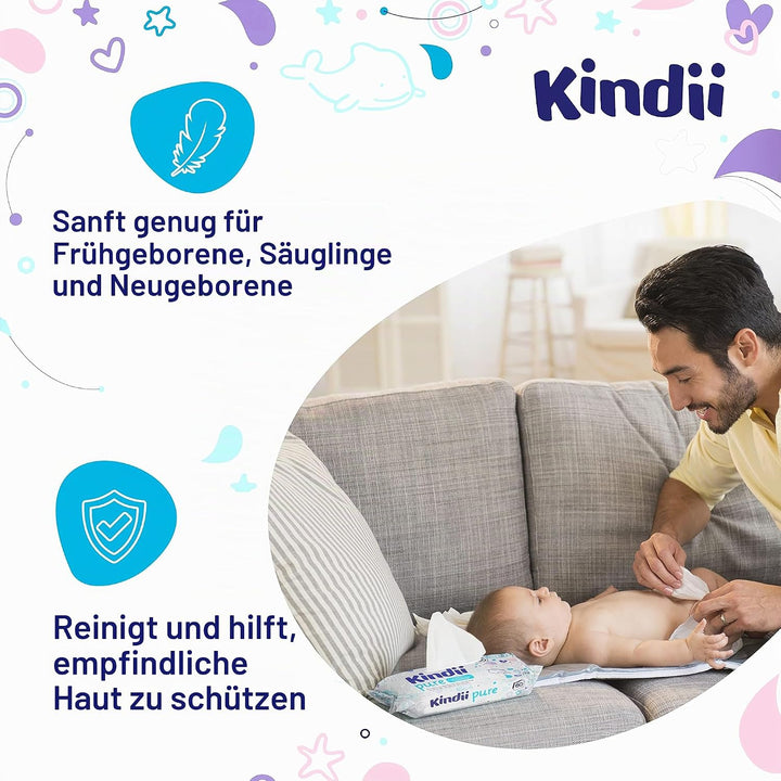 Kindii Feuchttücher Pure Water 99% – (12x60 Stück) Feuchttücher für Babys und Kinder – unparfümiert,