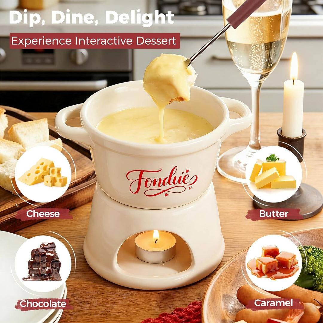 Yoassi Keramik Käsefondue Set, Mini Schokoladenfondue Tasse, Käsebecher mit 4 Gabeln, zum Schmelzen