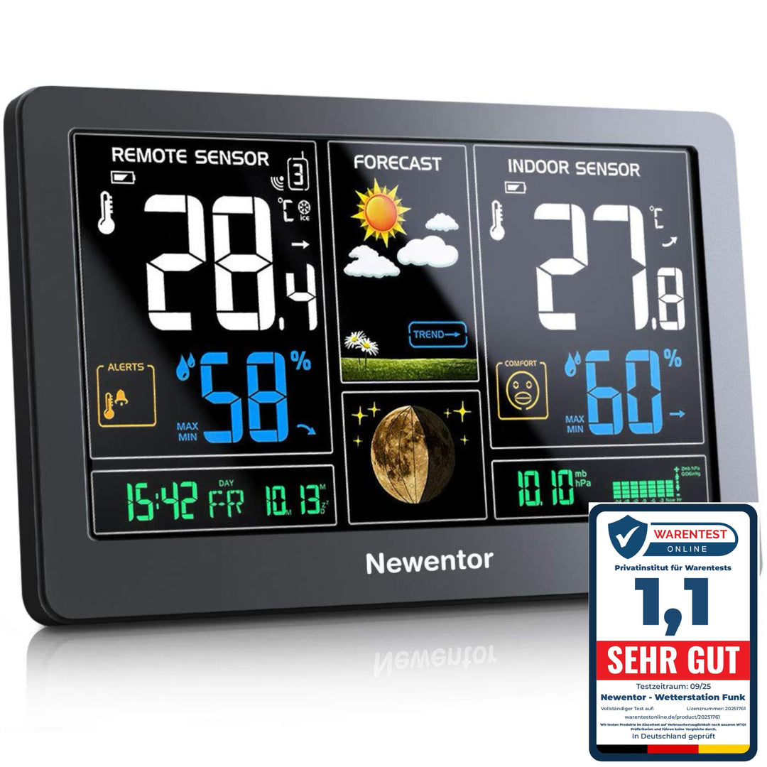 Newentor Wetterstation Funk mit Aussensensor - Funkwetterstation mit Wettervorhersage, Temperaturwar