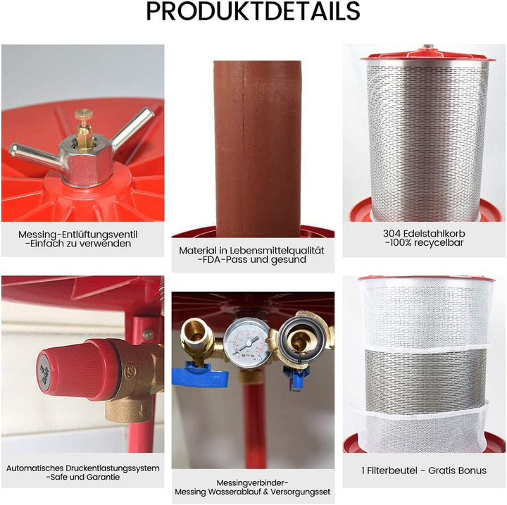 SQUEEZE master 20L Hydropress Presse Obst und Wein Press für Apfelpresse Weinherstellung Apfelpresse