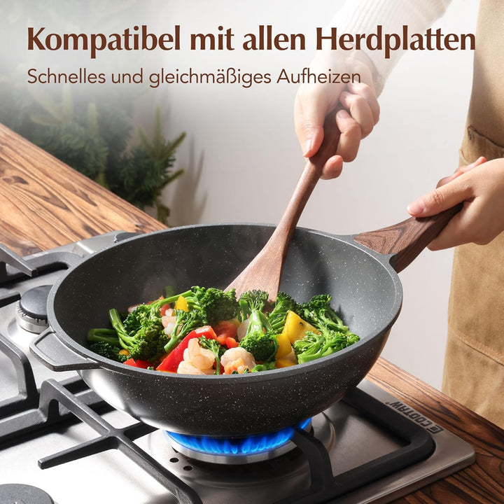 SENSARTE Antihaft Pfanne 28cm, Tiefe Wokpfanne mit Deckel, Schweizer Granitbeschichtung Kochpfanne G