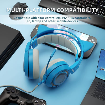 Somic G951S Blau Gaming-Headset mit Mikrofon, Mädchen Frauen Blau Katze Ohr-Kopfhörer mit 3,5-mm-Kab