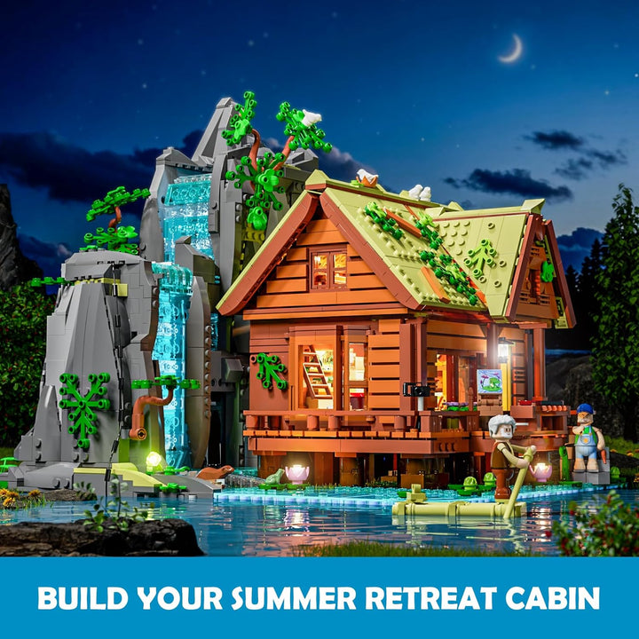 Lumibricks Waterfall Cabin Bauset mit Licht – 2539 Teile Retro Holzhaus mit beweglichem Wasserfall &