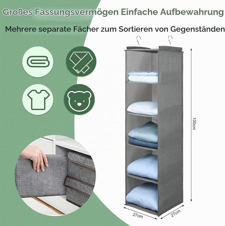 AiQInu Hängeregal Kleiderschrank,Hängeaufbewahrung Schrank Organizer mit 5 Fächern,Faltbar Platzspar