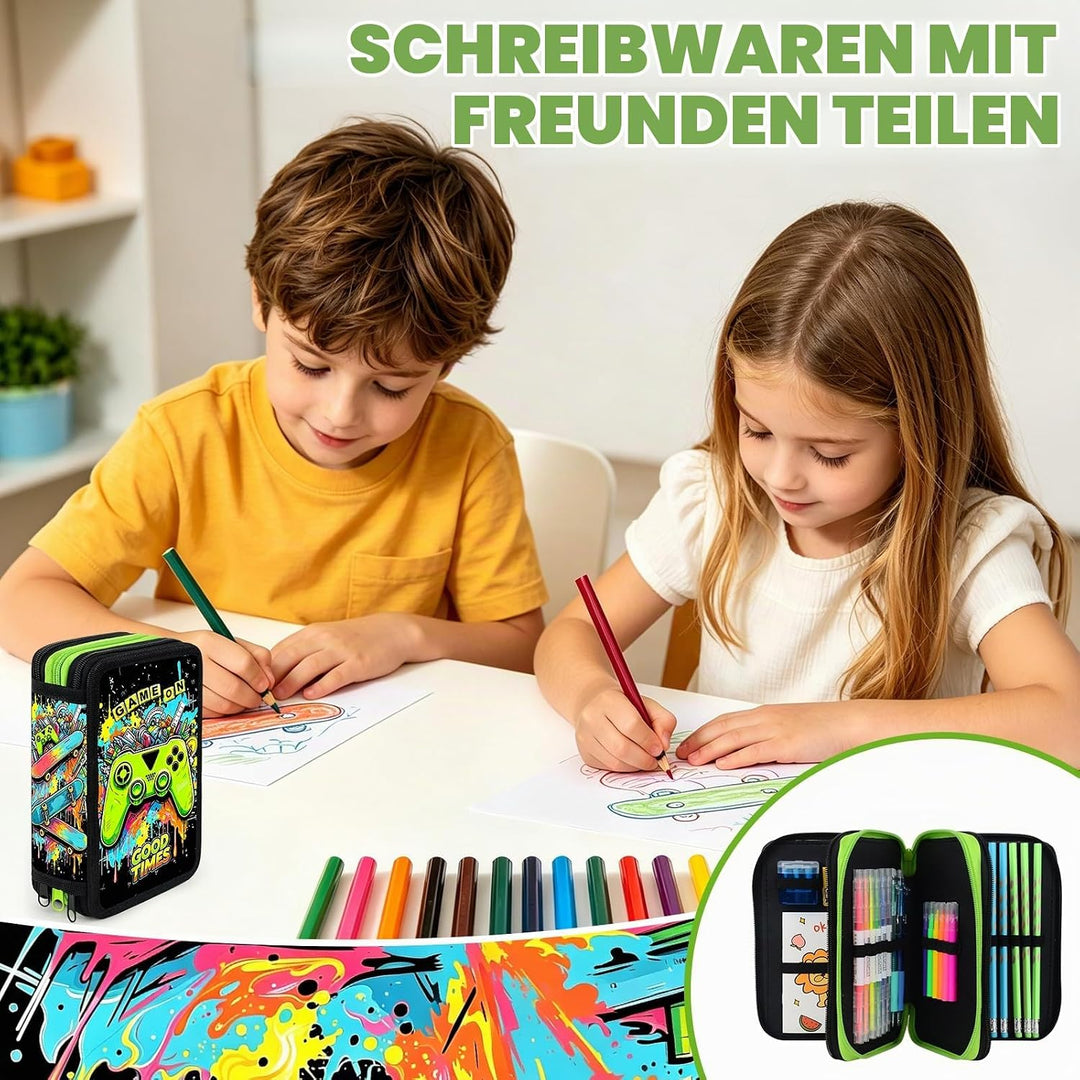 41 Artikel Federmappe Jungen, Federmäppchen 3 Fach Jungen Mäppchen Gefüllt Spiel Set, Federtasche 3