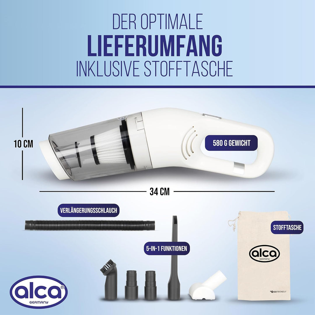 alca® Akku-Handstaubsauger 70W 7,4V 5500Pa Saugkraft, weiss | kabelloser Auto-Staubsauger mit USB-C,