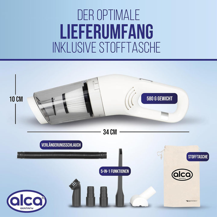 alca® Akku-Handstaubsauger 70W 7,4V 5500Pa Saugkraft, weiss | kabelloser Auto-Staubsauger mit USB-C,
