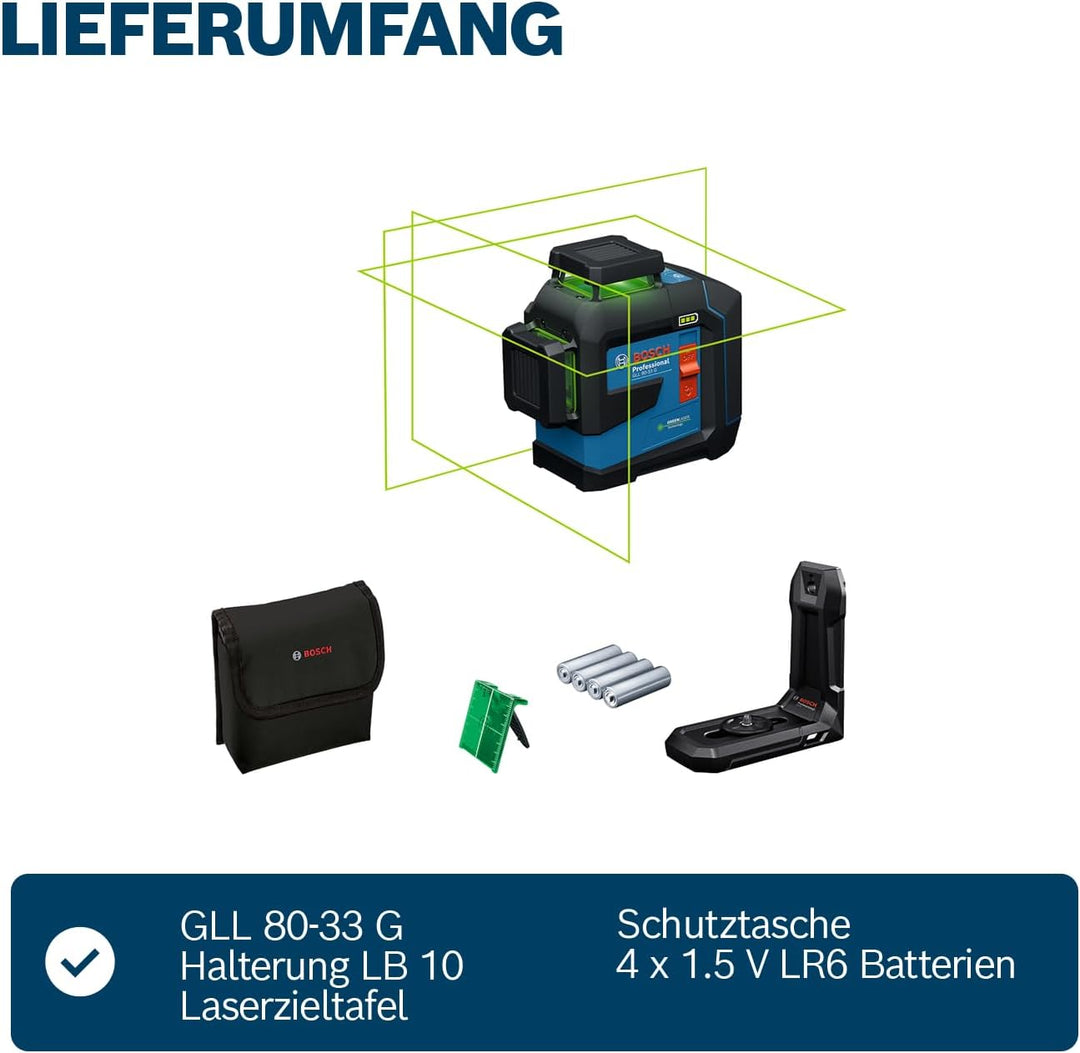 Bosch Professional Linienlaser GLL 80-33 G (Halterung LB 10, grüner Laser, Arbeitsbereich: bis 30m,