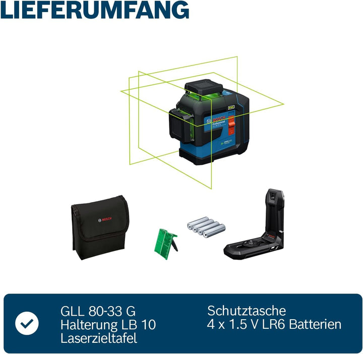 Bosch Professional Linienlaser GLL 80-33 G (Halterung LB 10, grüner Laser, Arbeitsbereich: bis 30m,