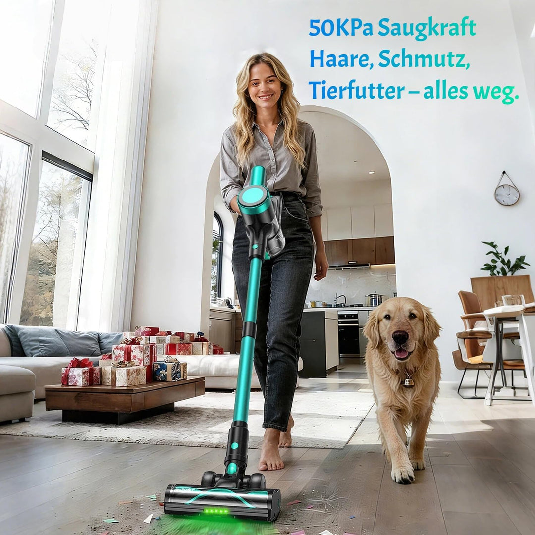 Akku Staubsauger 50KPa/500W/55Mins, Staubsauger Kabellos mit Wandmontierte Ladestation, Selbststehen