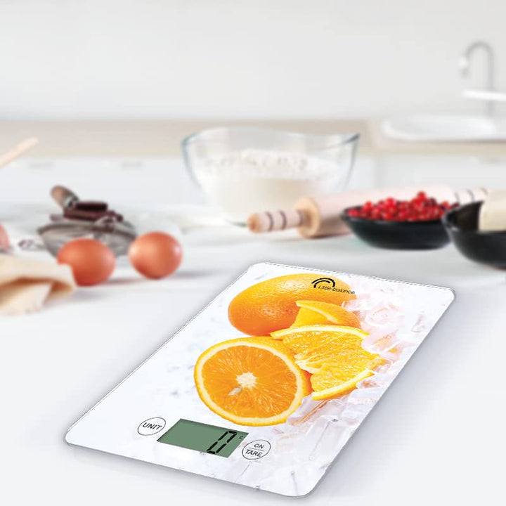LITTLE BALANCE 8545 Slim Orange USB-R, Küchenwaage ohne Akku, USB wiederaufladbar, reparierbar, 5 kg