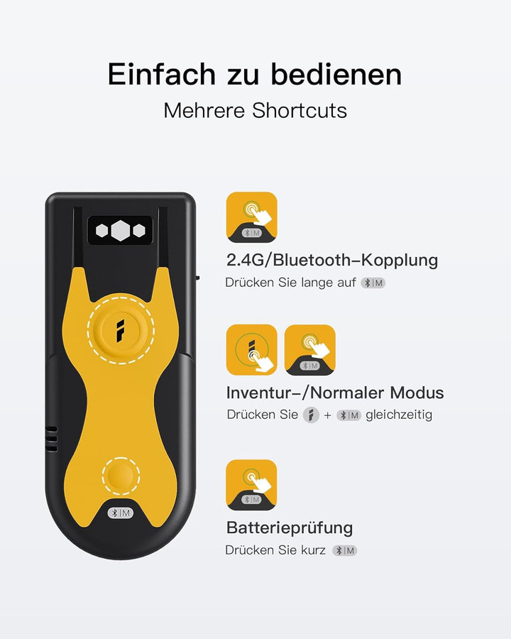 Inateck Mini Barcode Scanner Bluetooth 2D, QR Code Scanner, BCST-42 Gelb | Liest Barcodes von Bildsc