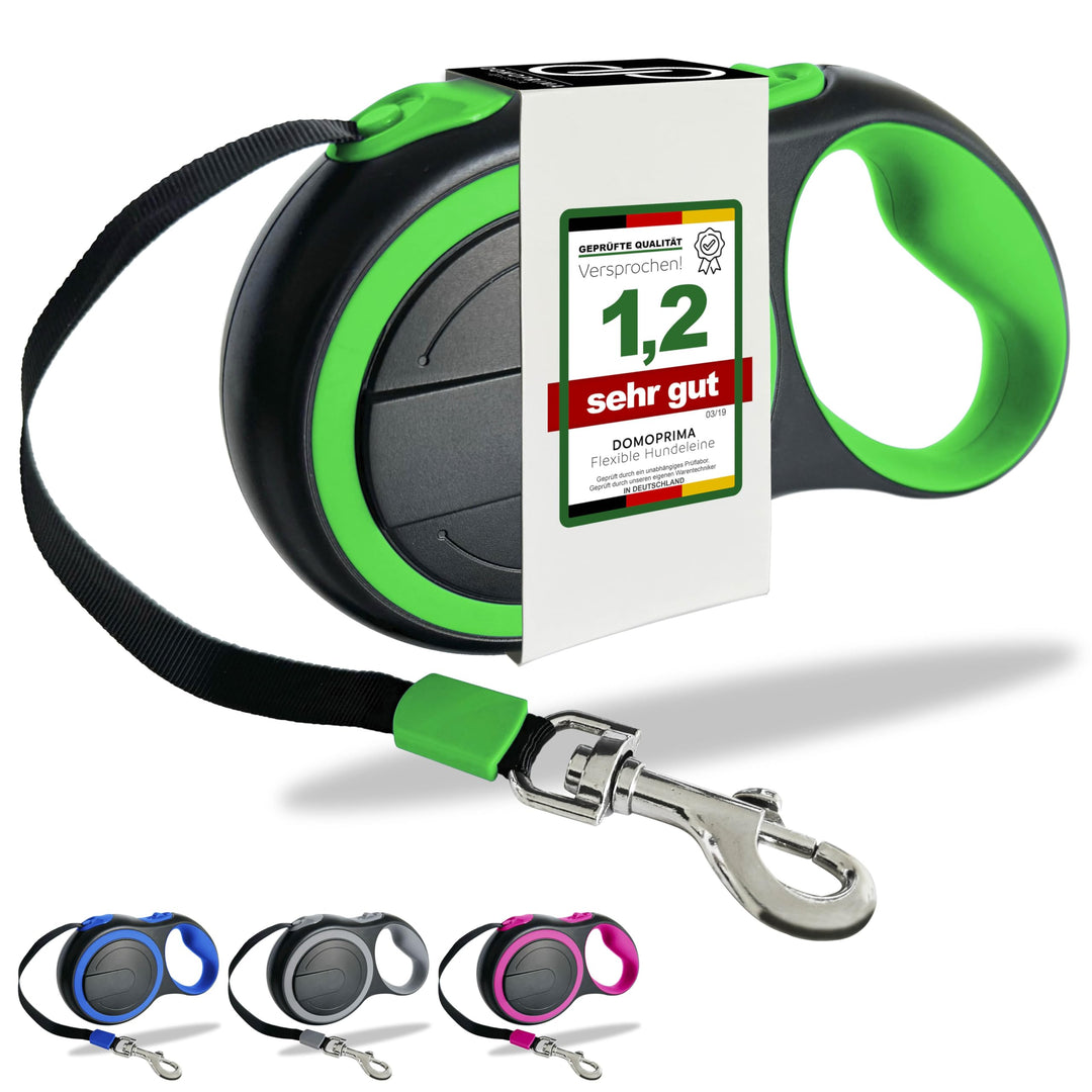 DOMOPRIMA Rollleine für Hunde, in 3 Grössen (S,M,L) und 4 Farben (grau, blau, grün, pink) -Robuste u