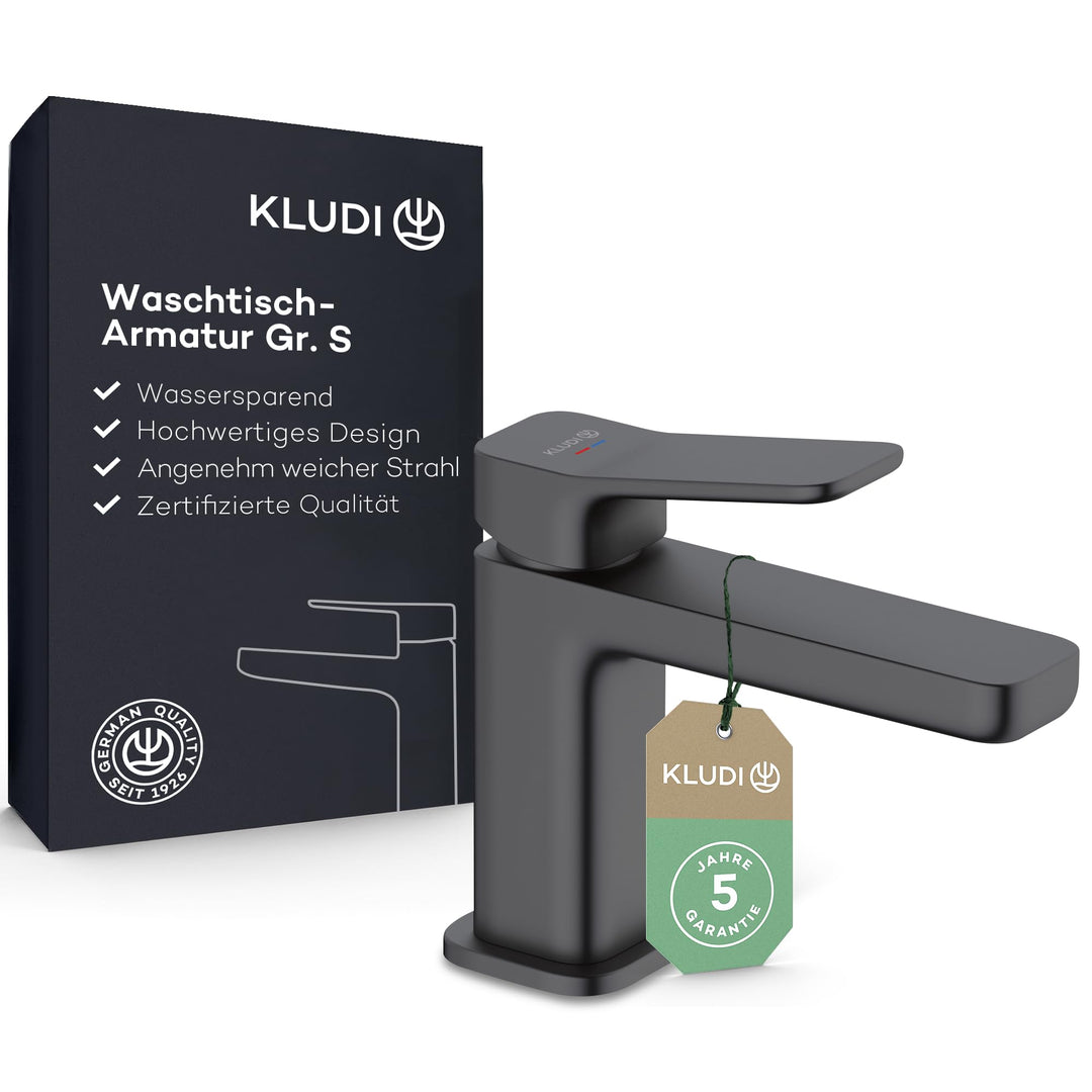 KLUDI-X3 Waschtischarmatur, Auslaufhöhe 85 mm, wassersparender Wasserhahn Bad Schwarz Matt Grösse S,