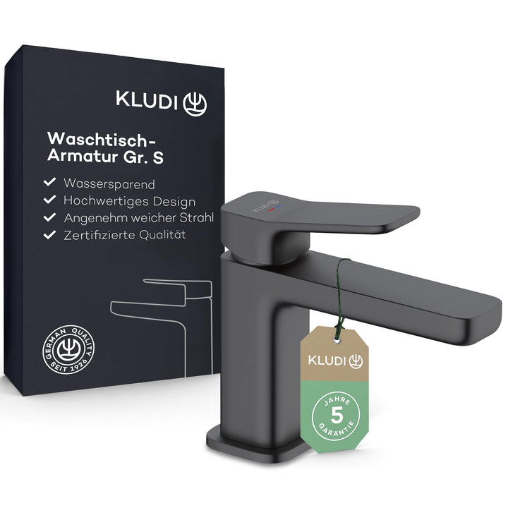 KLUDI-X3 Waschtischarmatur, Auslaufhöhe 85 mm, wassersparender Wasserhahn Bad Schwarz Matt Grösse S,