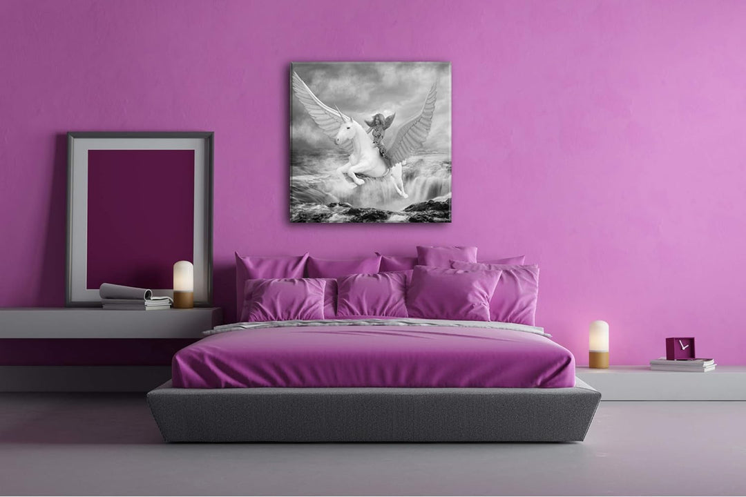 Frau auf dem edlen Pegasus Format: 60x60 Effekt: Schwarz&Weiss als Leinwandbild, Motiv fertig gerahm