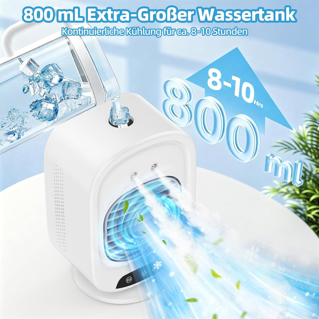 Mobile Klimaanlage, Mini Luftkühler mit 800mL Wassertank, 3 Geschwindigkeiten, 2 Sprühmodus, Mobil K