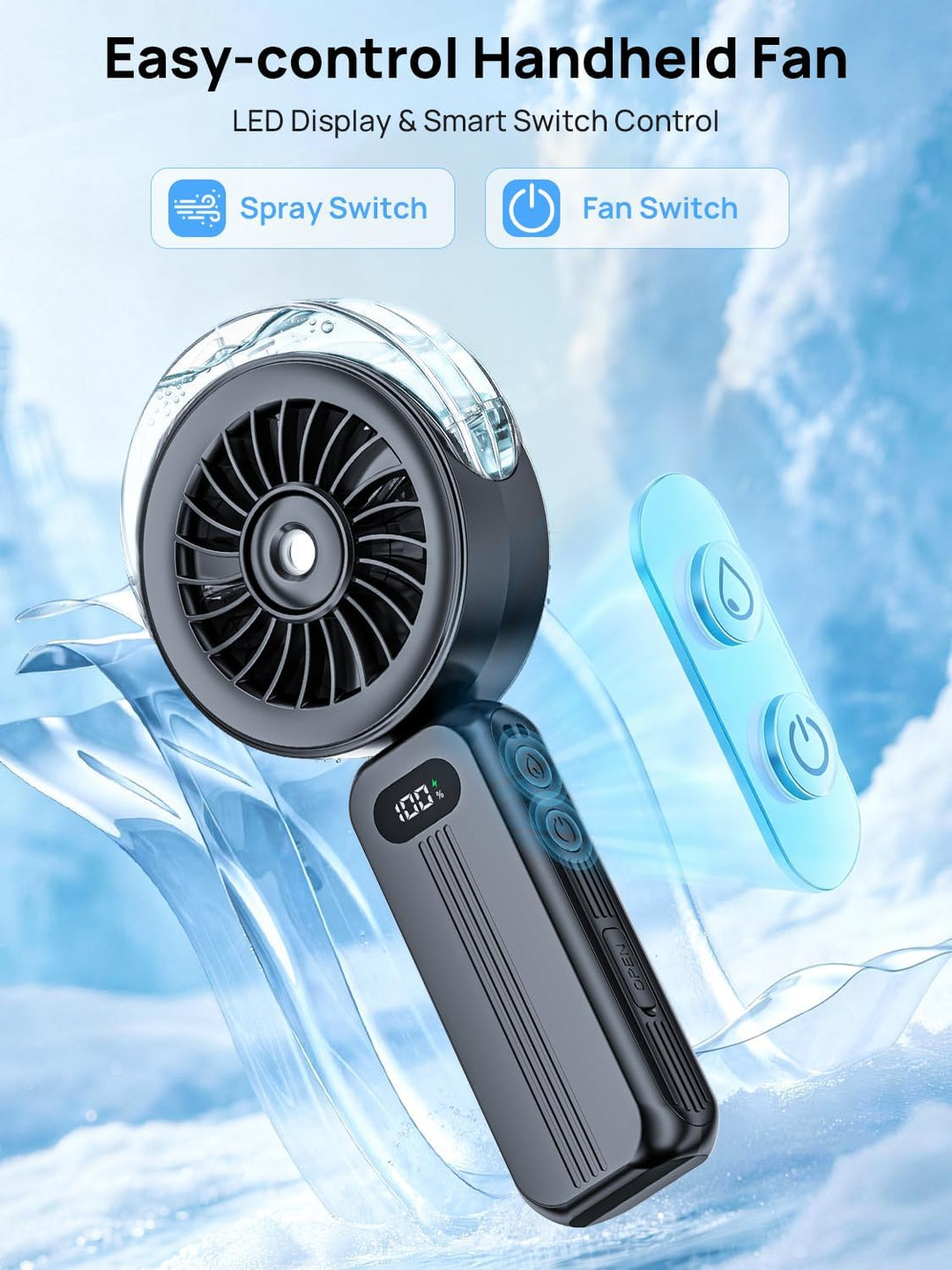 Handventilator Akku Aufladbar mit Wasserkühlung - Starkem Luftstrom Tragbarer Mini Ventilator, 6000m