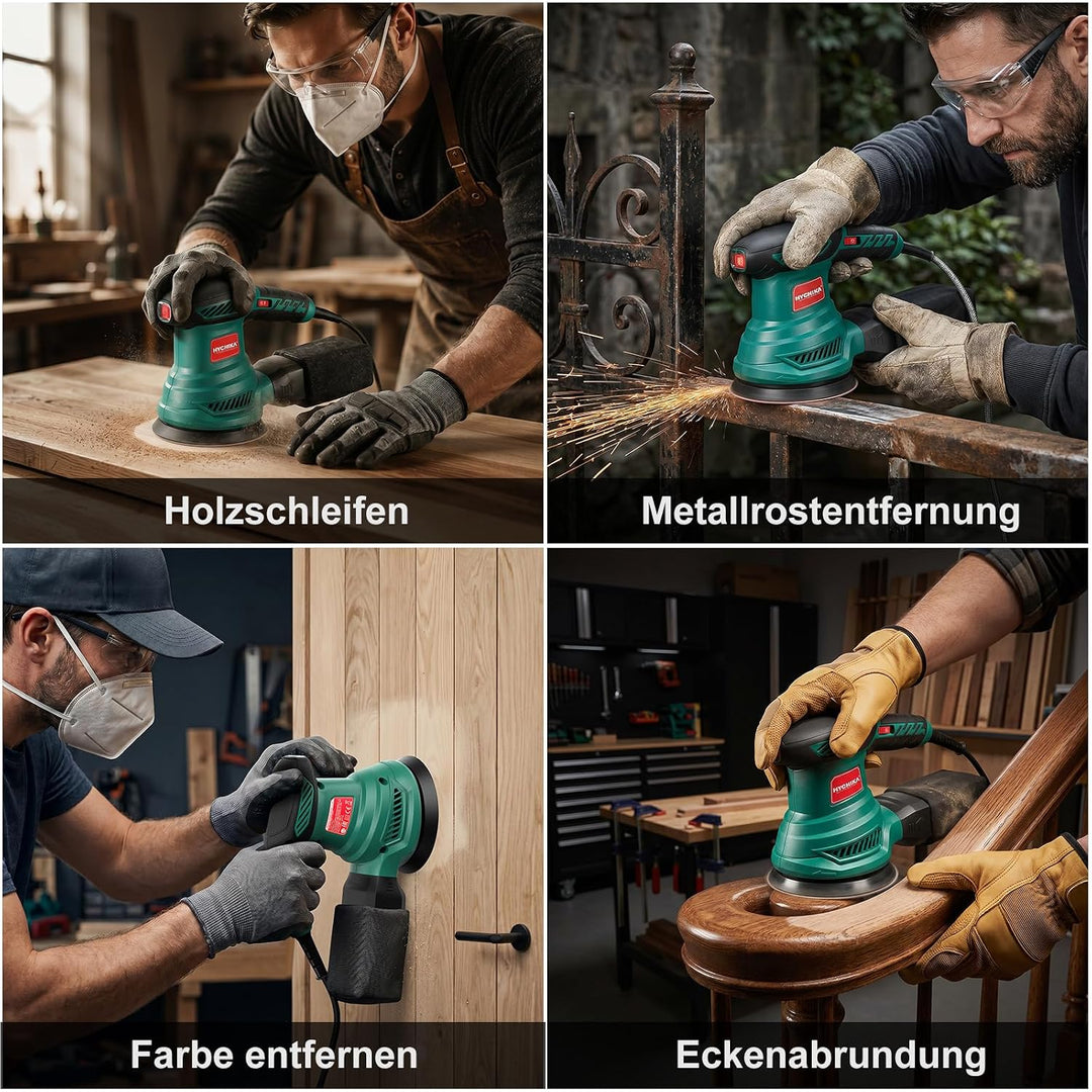 Exzenterschleifer, HYCHIKA 300W Schleifmaschine, 6 Gänge, mit 12 pcs Schleifpapier (Körnung 80/120/2
