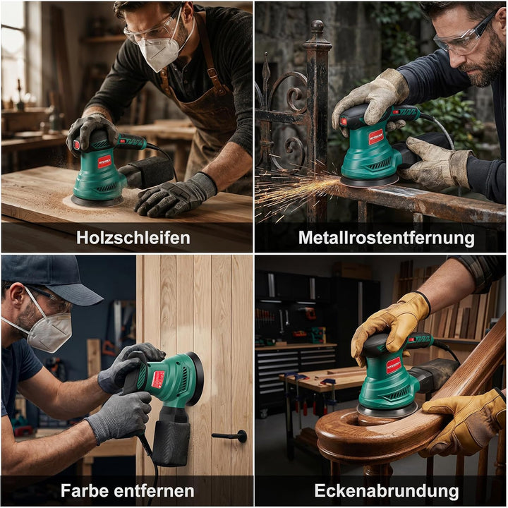 Exzenterschleifer, HYCHIKA 300W Schleifmaschine, 6 Gänge, mit 12 pcs Schleifpapier (Körnung 80/120/2