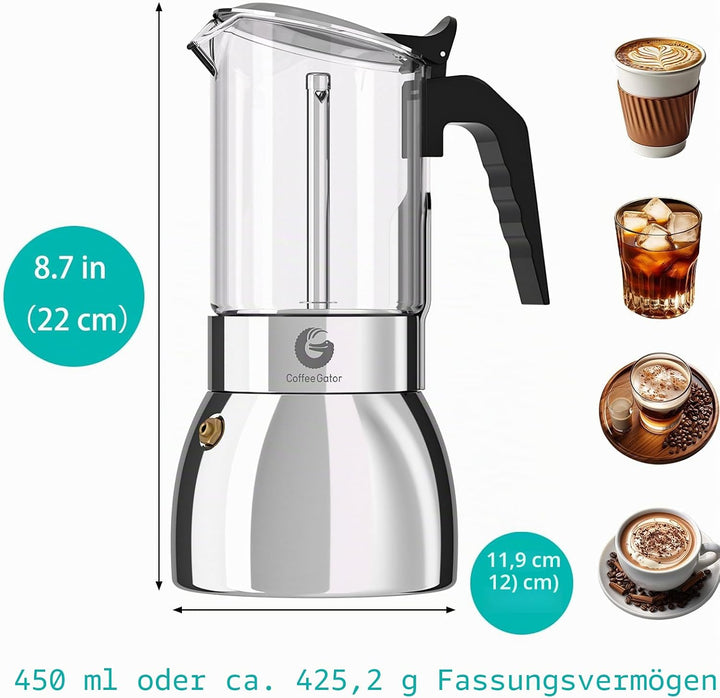 Coffee Gator Espressokocher Herdplatten, Espresso Mokkakanne aus Klarglas & Edelstahl - Kaffee Nach
