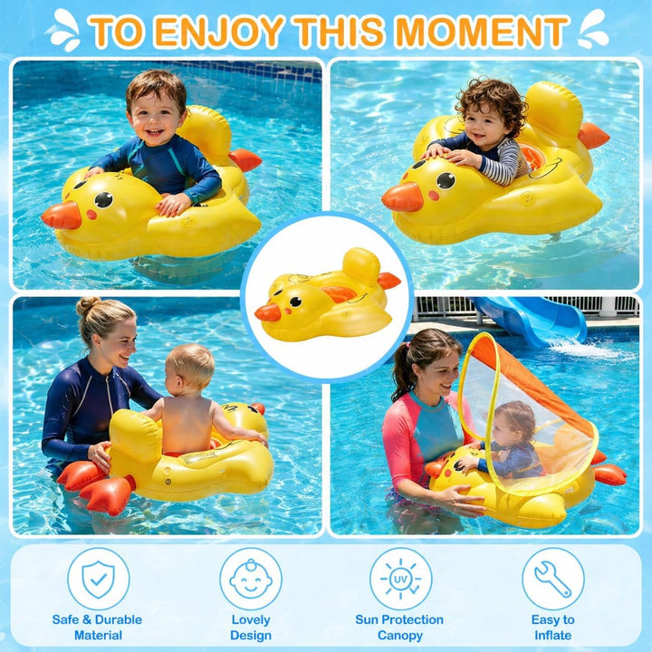 Qingning Ente Baby Schwimmring mit Abnehmbarem Sonnendach & Schwimmsitz – Aufblasbare Schwimmhilfe f
