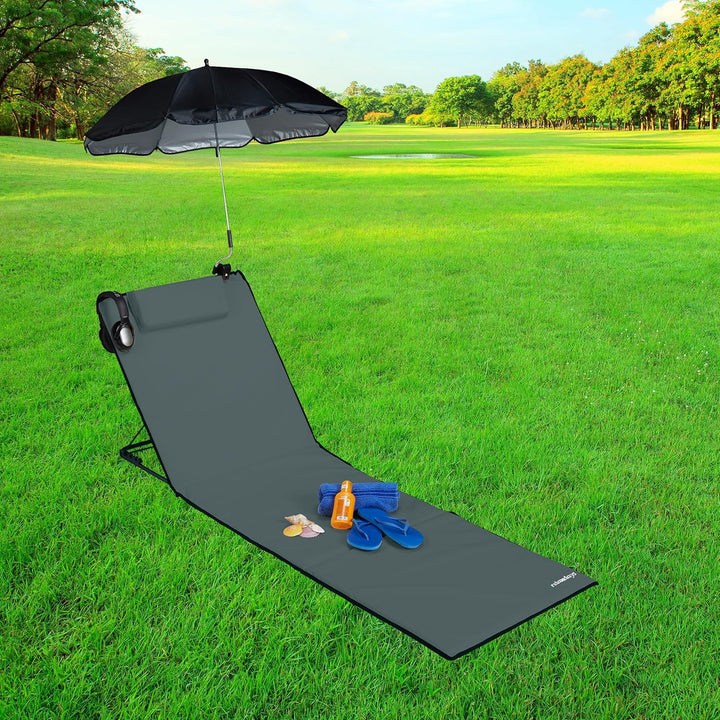 Relaxdays Strandmatte, gepolsterte Strandliege XXL m. Sonnenschirm, 3-stufig verstellbar, Kopfkissen
