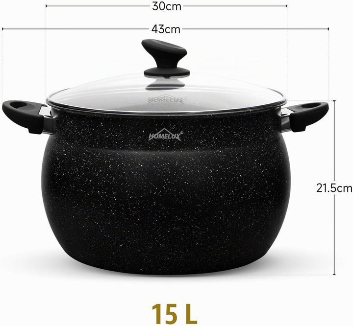 30cm Kochtopf Homelux Topf Induktions Kochtopf mit Glasdeckel,Antihaftbeschichtung,15L Suppentöpfe a