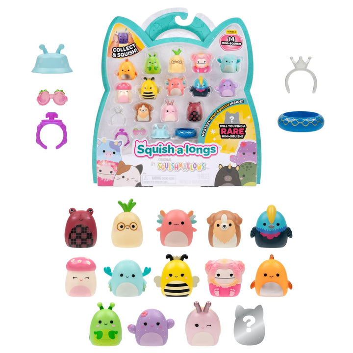 Squish-a-longs SQAL0268-14er Pack, enthält 14x 2,5 cm Mini-Squish mit 4X Accessoires, 1x Ring und 1x