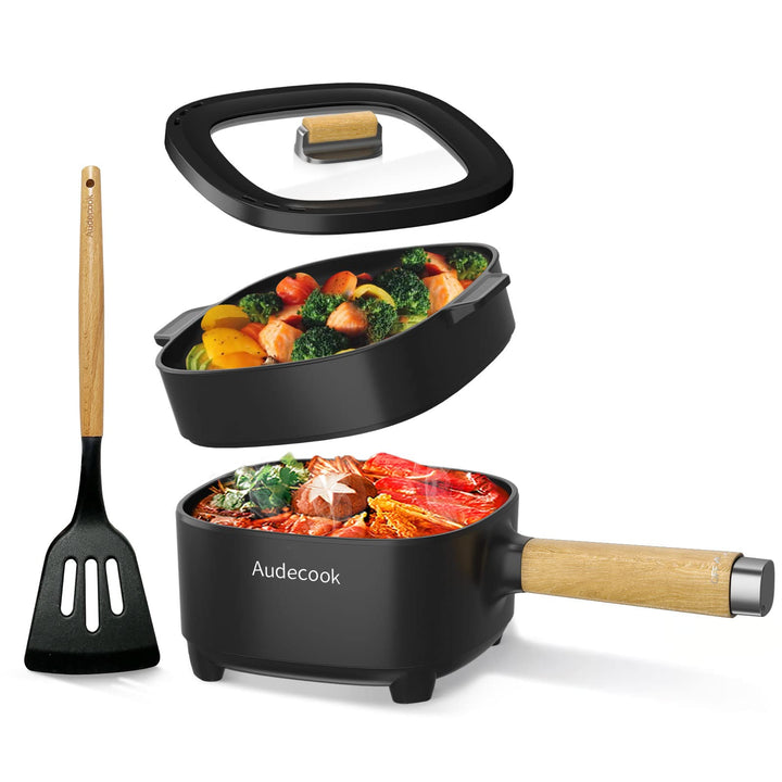 Audecook Elektrischer Hot Pot mit Dampfgarer, 2L/20cm Antihaft Elektropfanne mit Keramikglasur, Trag