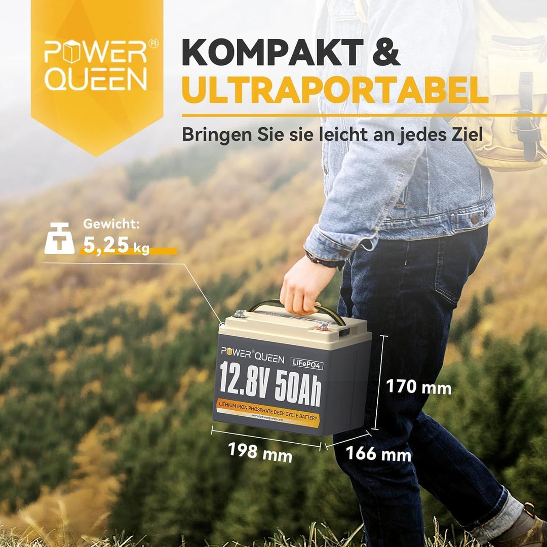 Power Queen 12,8V 50Ah LiFePO4 Akku Lithiumbatterie mit 14.6V 10A LiFePO4 Batterie Ladegerät Konstan