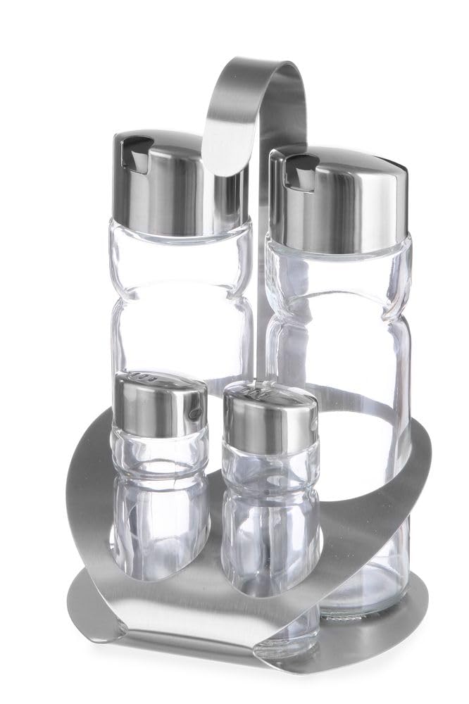 HENDI Menage Set, Vierteilig, Pfeffer, Salz, Öl, Essig Satiniert, Pfefferstreuer, Salzstreuer, Gewür