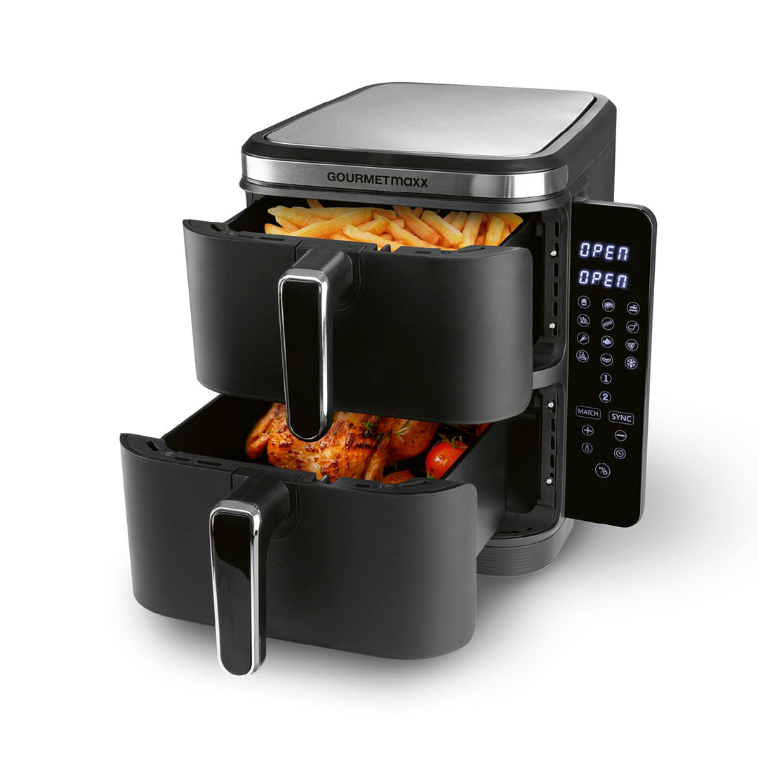 GOURMETmaxx FryUp Vertikale Doppelkammer Heissluftfritteuse | Airfryer 10 Liter | 4 Speisen auf 4 Eb