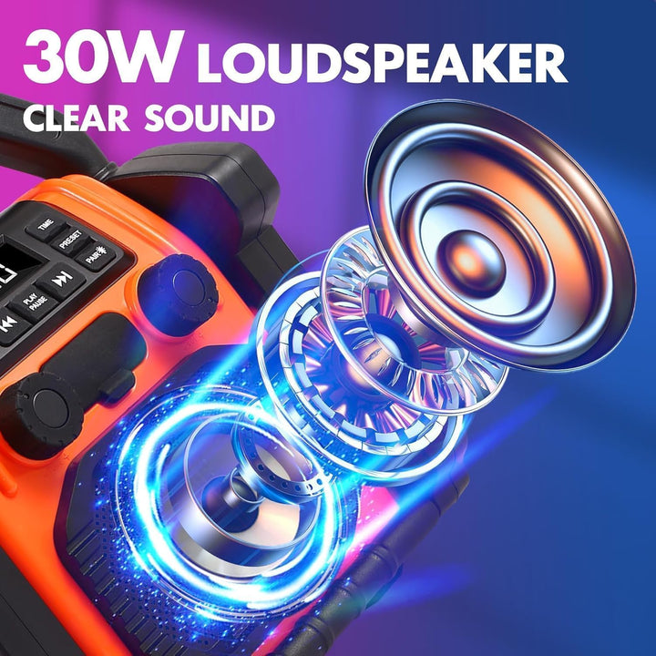 Jobsite Radio Bluetooth Speaker, 30W IPX 66 wasserdichter FM-Rundfunkuhr mit LED-Lichtern, Anti-Koll
