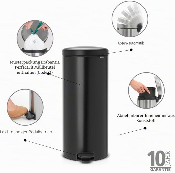 Brabantia 114540 Treteimer mit Inneneimer aus Kunststoff,stahl,Matt Schwarz,30 Liter Matt Schwarz 30