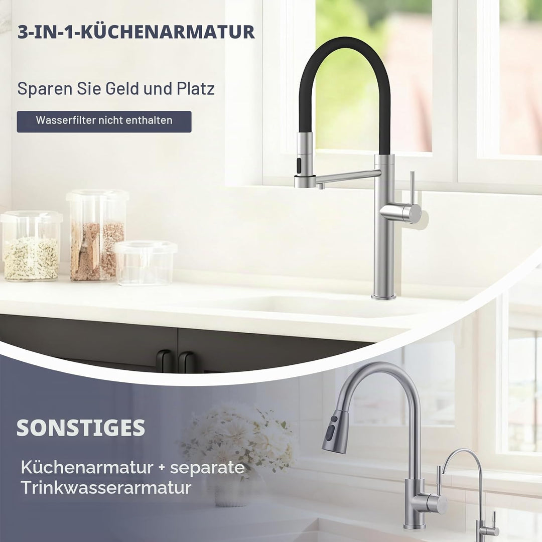 Tohlar 3 Wege Wasserhahn Küche, 360°Drehbar Küchenarmatur, 3 in 1 Mischbatterie für Wasserfilter, Ei