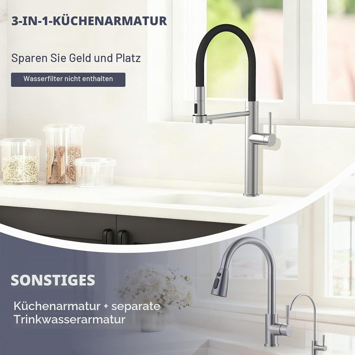 Tohlar 3 Wege Wasserhahn Küche, 360°Drehbar Küchenarmatur, 3 in 1 Mischbatterie für Wasserfilter, Ei
