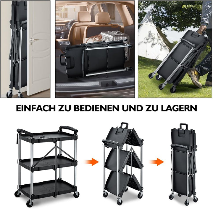 BPT Faltbarer Servierwagen mit Rollen,rollwagen klappbarer mit 3 böden, Küchenwagen für den Aussen u