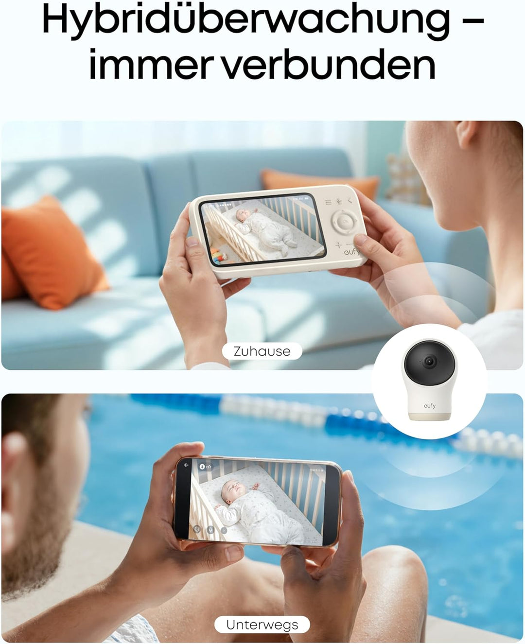 eufy Babyphone C10 mit 2KHDKamera, 4,5"Display, Schwenk‑Neige‑Funktion, 4×Zoom, Nachtsicht, HybridWL