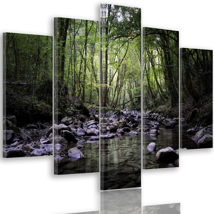 Wanddeko XXL Landschaft Leinwandbild 5 Teilig Fluss Wald Bäume grün 100x70 cm Leinwandbild 100x70 cm