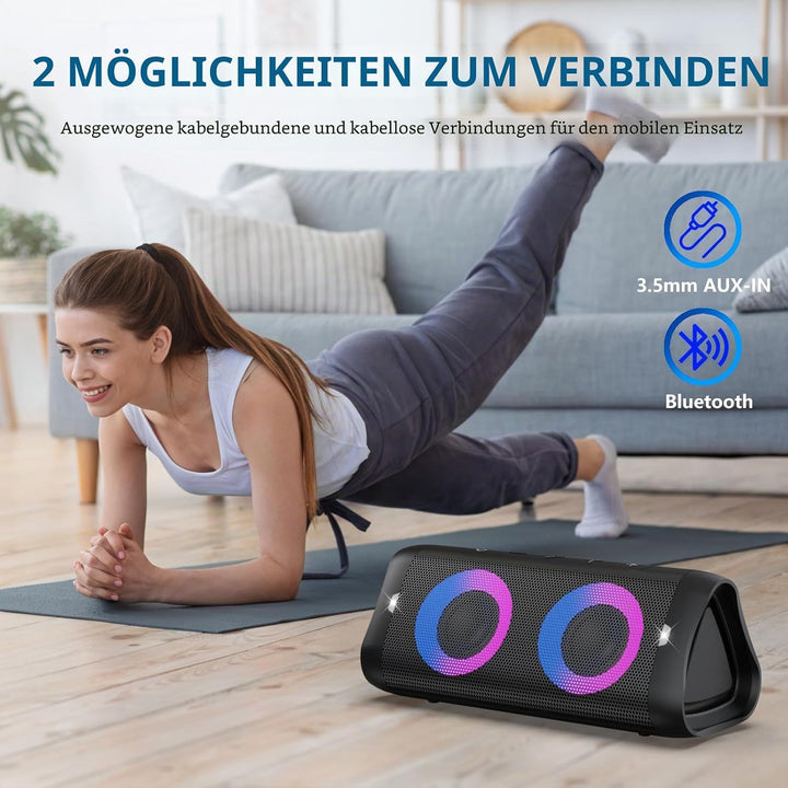 DONOW Bluetooth Lautsprecher mit Licht, 30W Stereo Sound, Musikbox Bluetooth Box mit IPX5 wasserdich