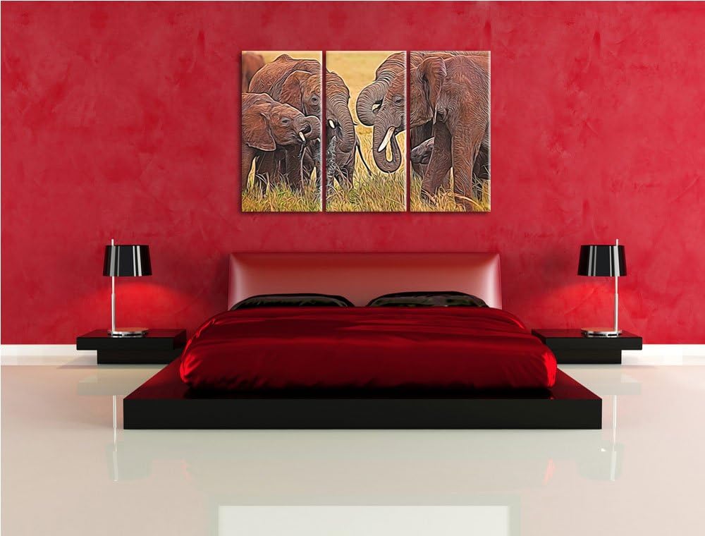Elefantenhorde am Wasserloch NewArt 3-Teiler Leinwandbild 120x80 Bild auf Leinwand, XXL riesige Bild