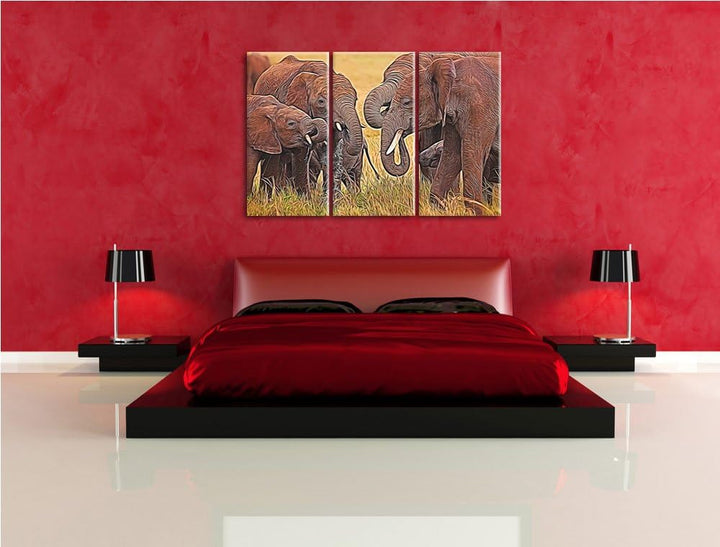 Elefantenhorde am Wasserloch NewArt 3-Teiler Leinwandbild 120x80 Bild auf Leinwand, XXL riesige Bild