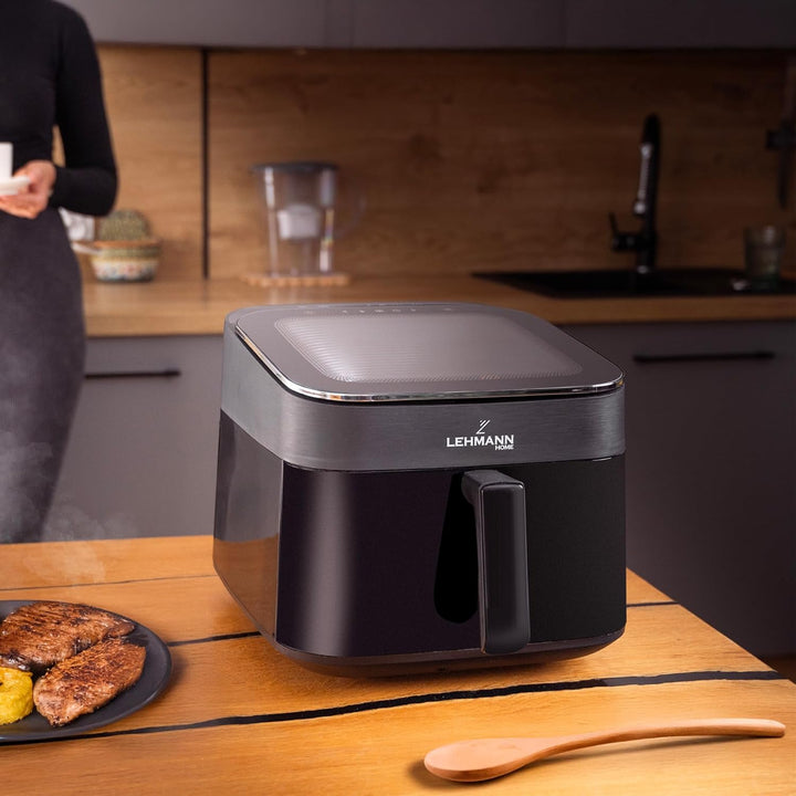 LEHMANN XL Heissluftfritteuse 6,5L, Airfryer mit oberem Panorama-Sichtfenster & Beleuchtung, Touchdi