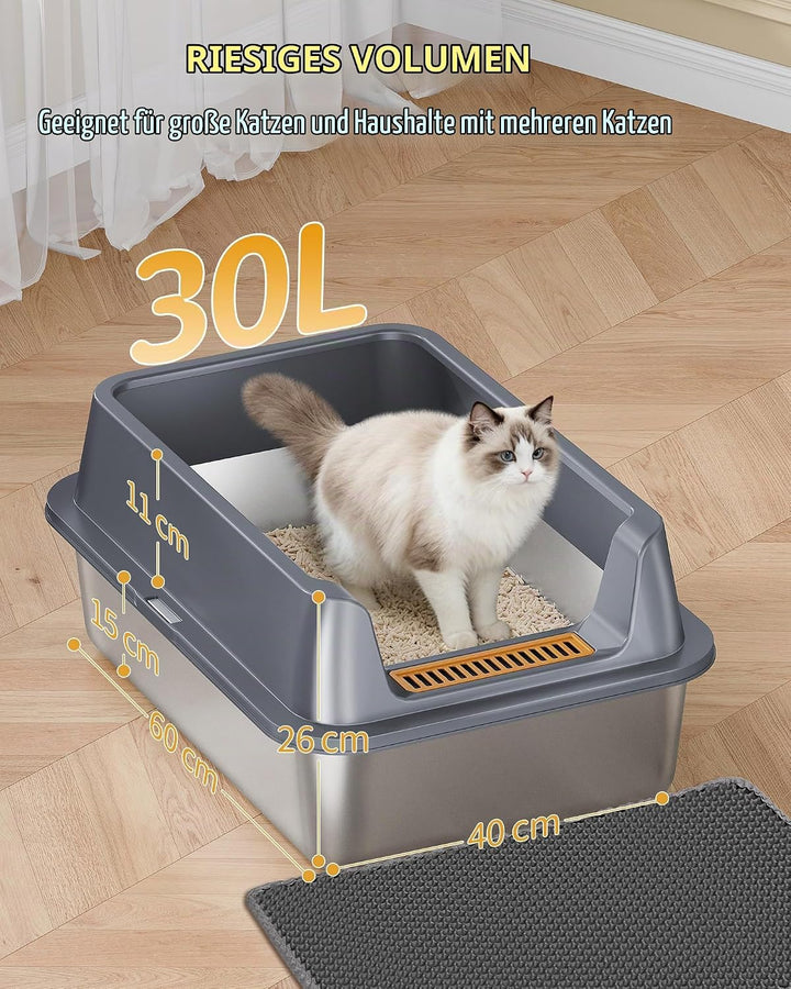 Hzuaneri Katzenklo Edelstahl XXL, 60 × 40 × 26 cm, Katzenklo mit Hoher Rand, mit XL-Matte, Schaufel,