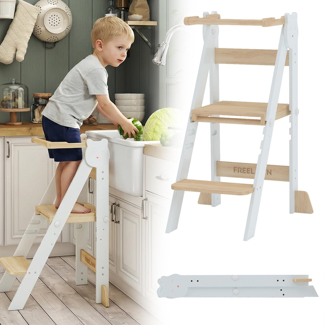 Lernturm Klappbar & 3-Fach Höhenverstellbar - Kippsicherer Learning Tower aus Kiefernholz - Mitwachs