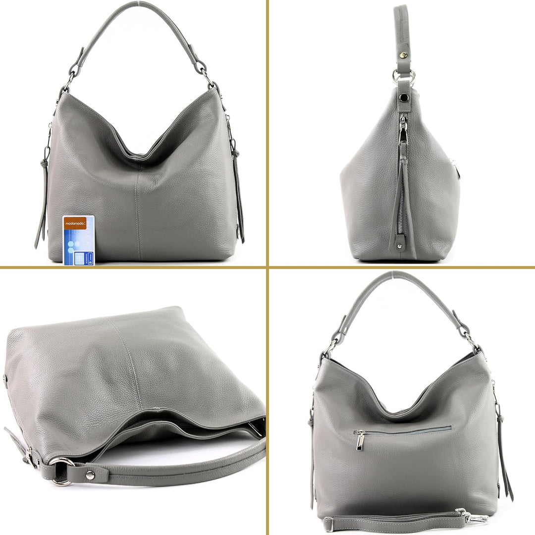 modamoda de T160 Damen Leder Schultertasche Henkeltasche Large handmade in Italy Blattgrün, Blattgr&