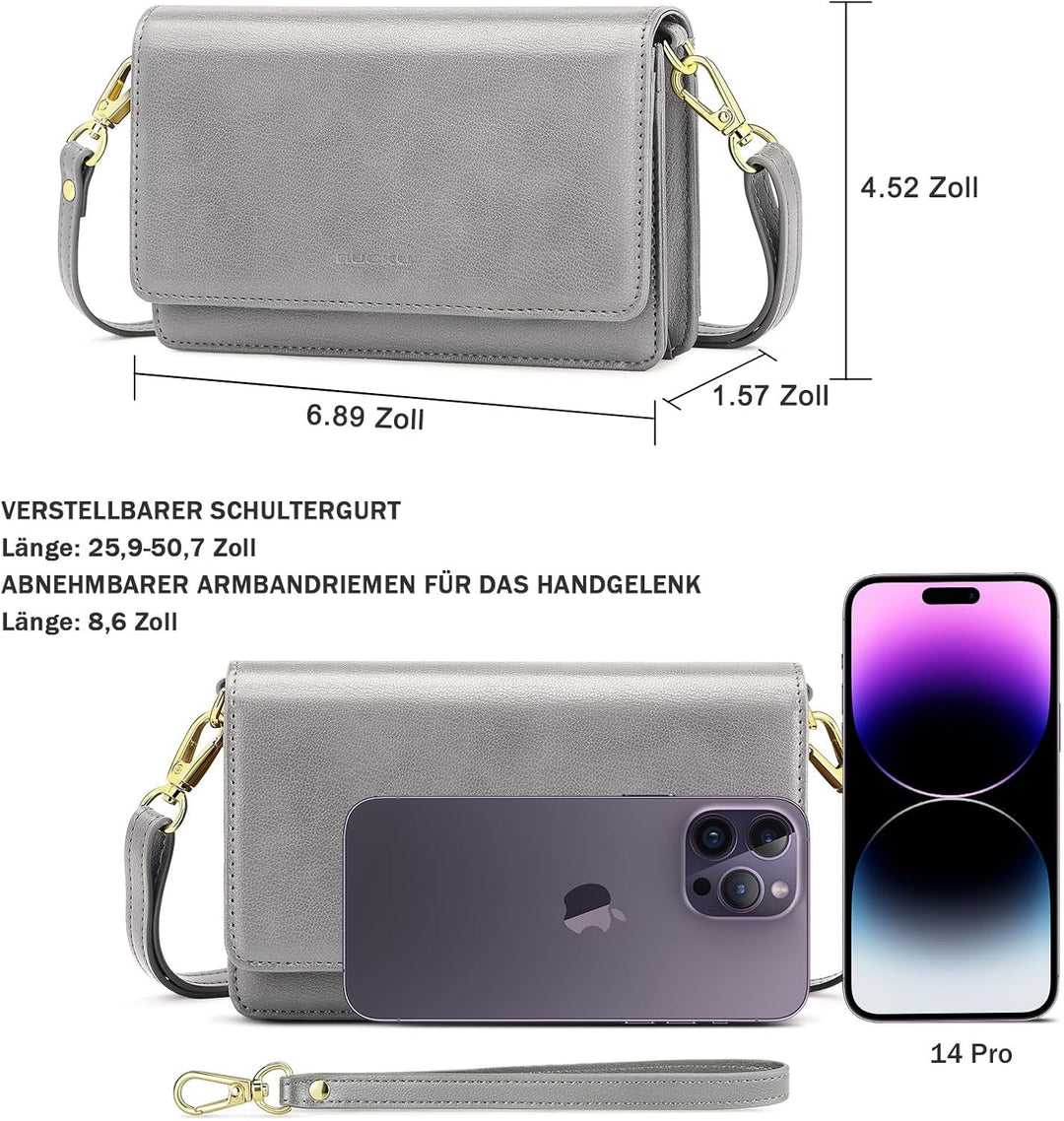 Nuoku Handytasche Zum Umhängen Damen mit Geldbörse, Crossbody Bag mit Funktionelle Fächer Grau, Grau